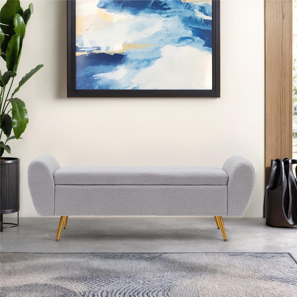 Upholstered 55"W Flip Top Storage Bench Bedroom Bench Modern End of Bed Bench for Entryway Hallway Window with Gold Legs