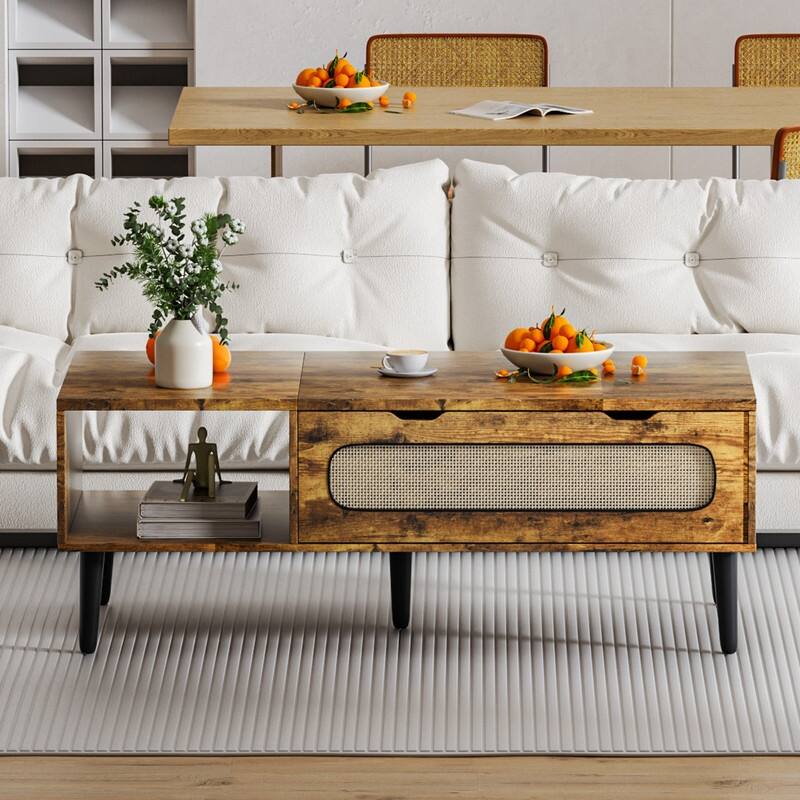 Mixoy 47" Lift Top Coffee Table with Storage and Hidden Compartment,Modern Wooden Center Table with Rattan Weaving Decoration