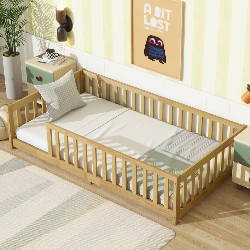 Twin Size Floor Bed with Fence without Door, Rubber Wood Floor Bed with Safety Guardrails