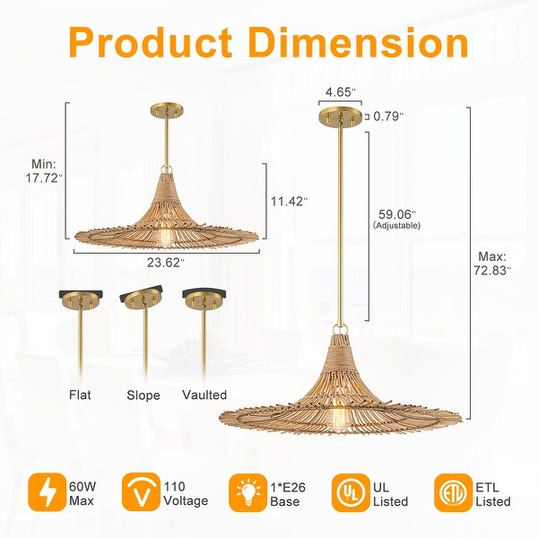 Modern Brushed Gold Pendant Light with Rattan Woven Hat Shade