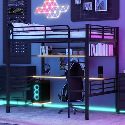 Black Full Size Metal Loft Bed Frame with Storage Shelf and LED Light, Iron Mesh