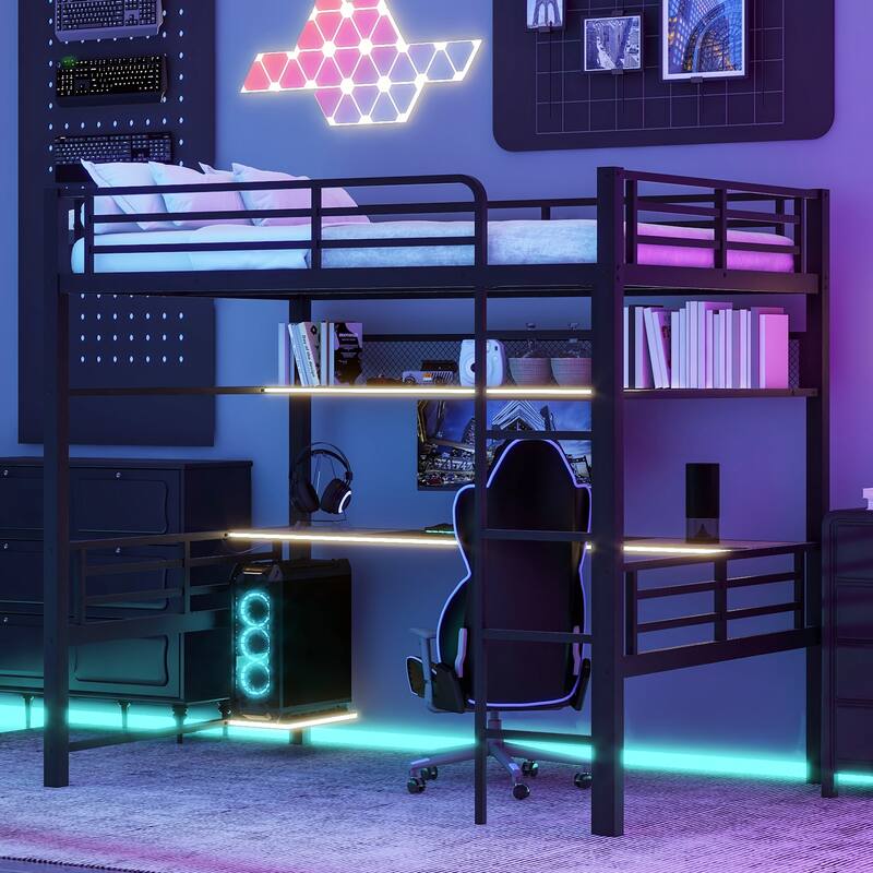Full Size Metal Loft Bed with Storage Shelf, LED Light, and Built-in Desk - Black