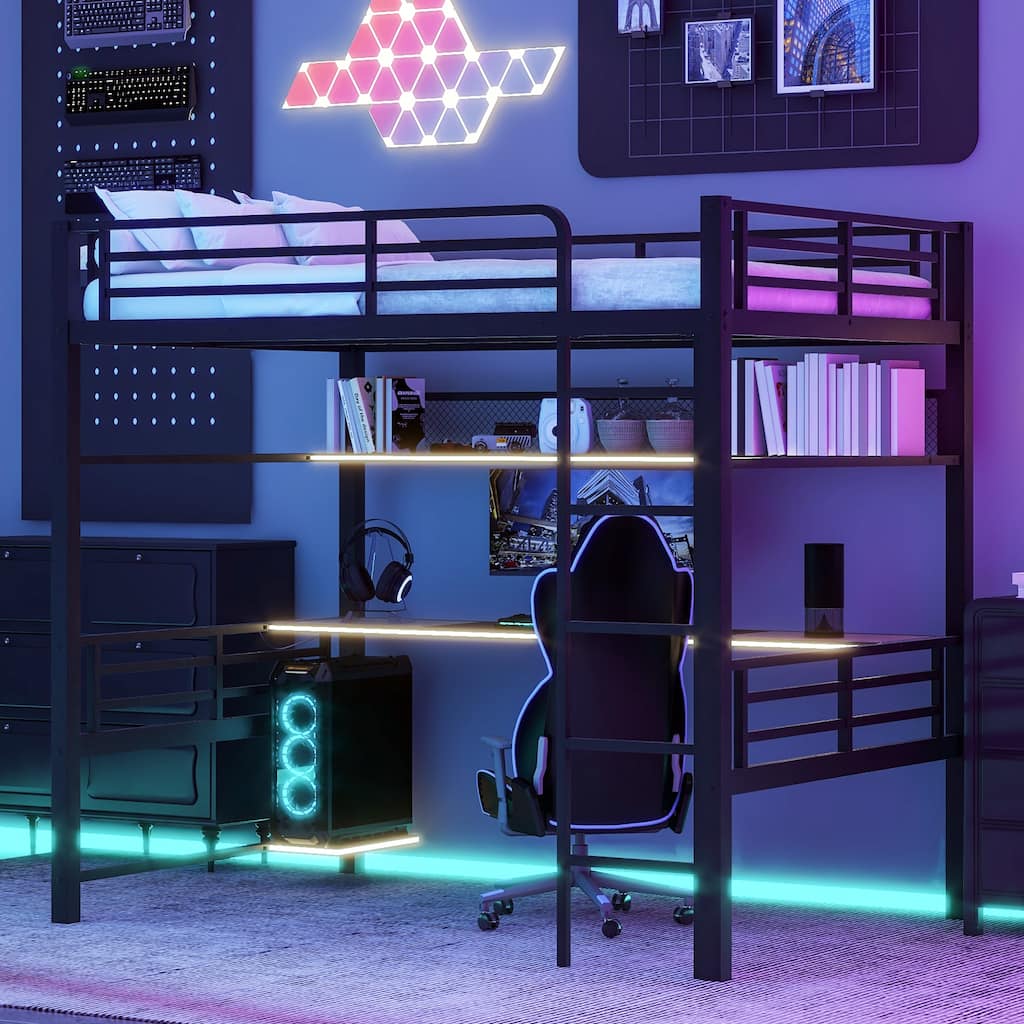 Full Size Metal Loft Bed with Storage Shelf, LED Light, and Built-in Desk