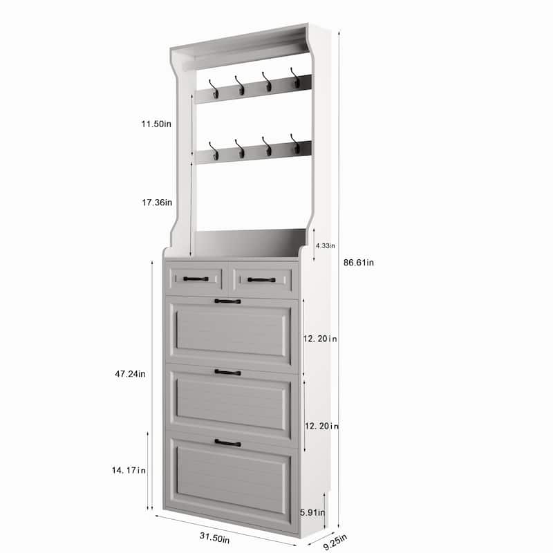 Entryway Shoe Cabinet with Hooks-3 Flip Drawers-Up to 12 Pairs of Shoe