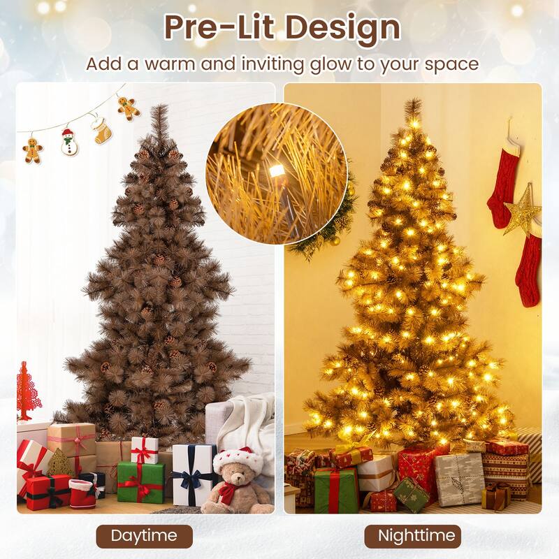 Gymax 6 FT Pre-Lit Artificial Christmas Tree Hinged Chocolate-Color