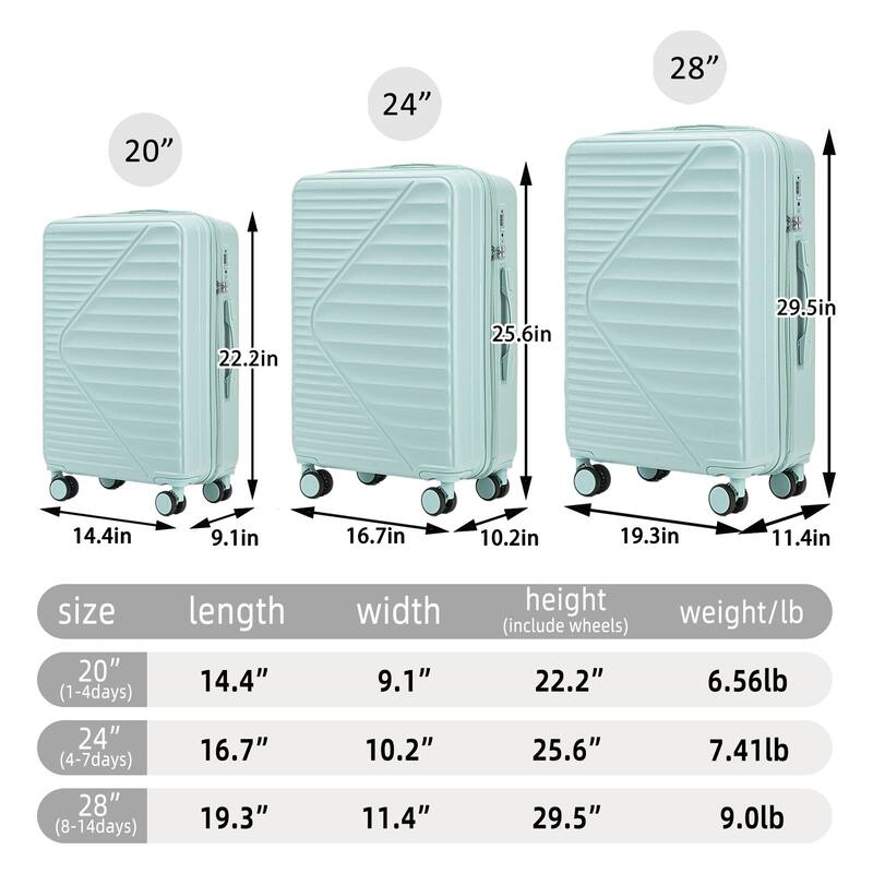 3 PCS in ABS Spinner Wheel Luggage, TSA Combination Lock for Big and Middle Size