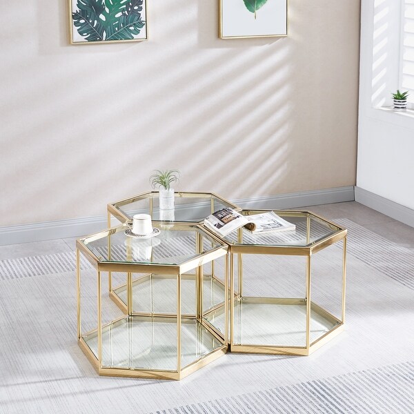 Modern Hexagon Glass Coffee Table with Stainless Steel Frame - Bed