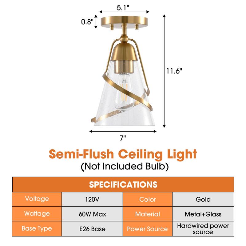 Parrot Uncle 7" Modern Seeded Glass Gold Dimmable Small Semi-Flush Mount Ceiling Light