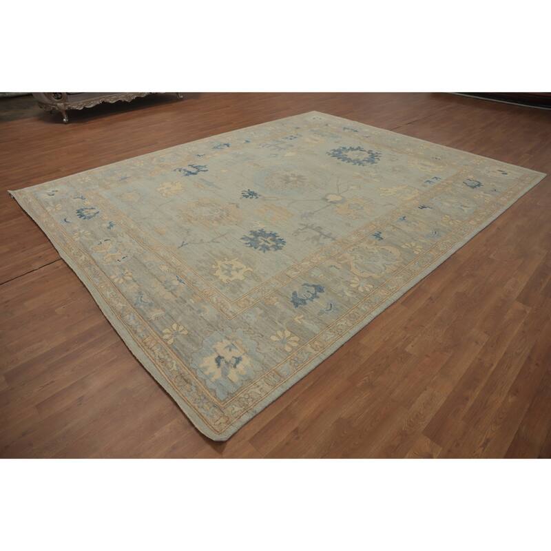 Vegetable Dye Wool Oushak Turkish Area Rug, Floral Geometric Carpet - 11' 8'' X 9' 2''