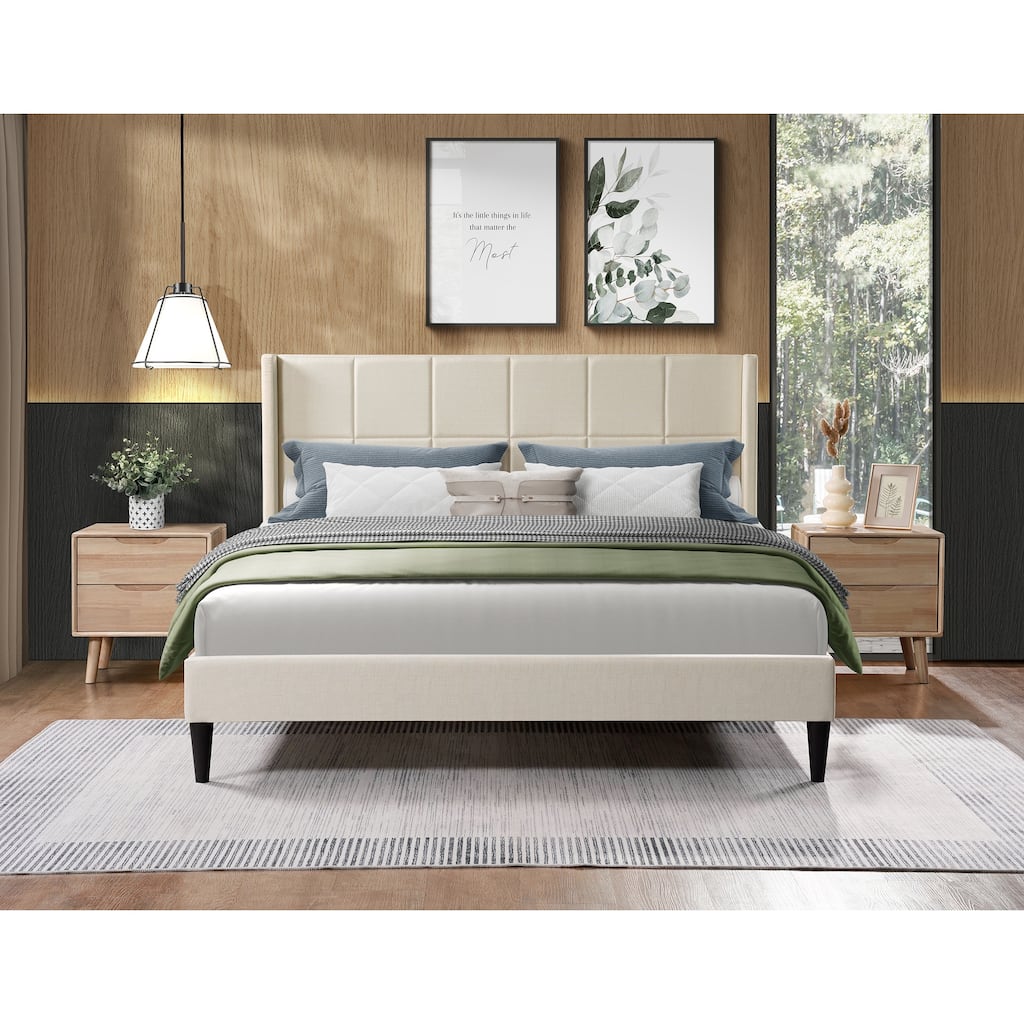 Queen Size Upholstered Platform Bed with Wingback Headboard, Box Spring Not Required