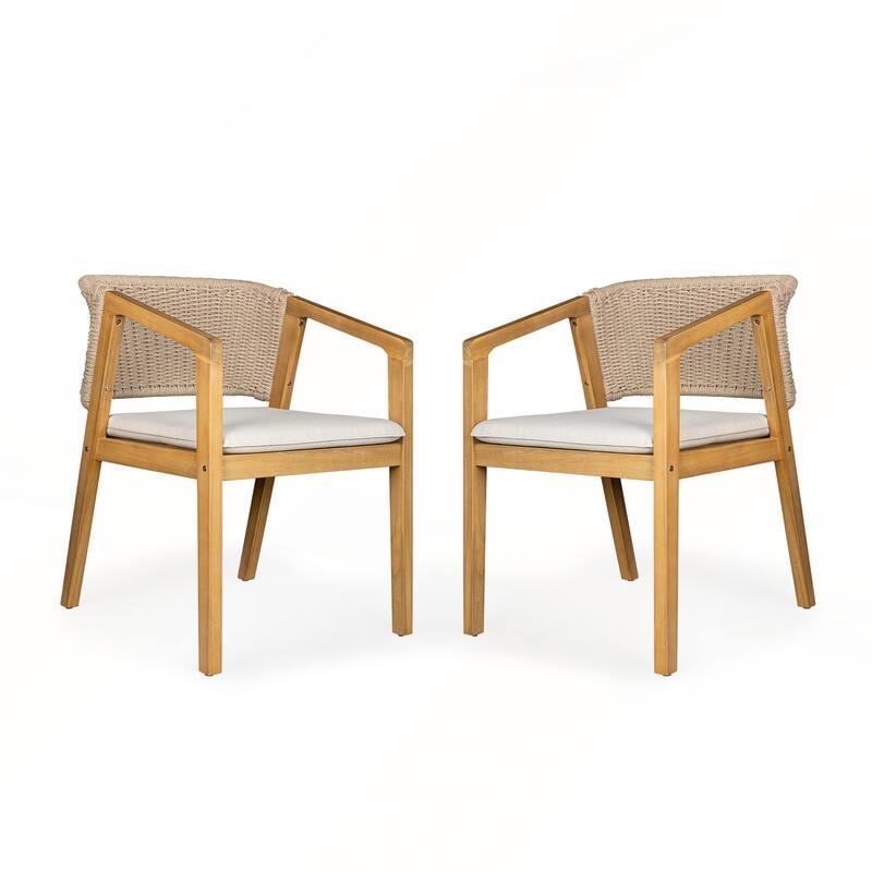 Acacia Wood Patio Chairs with Rope Design and Waterproof Cushions Set of 2