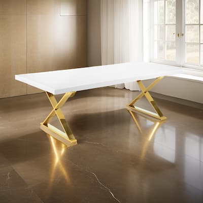 Rix 87 Inch Dining Table, Rectangular White Top, Gold Finished Metal Base