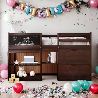 Twin Size Modern Low Loft Bed With Rolling Desk,Shelf and Drawers,Sturdy Construction