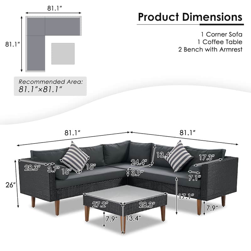 4-Pieces Outdoor L-shape Wicker Sofa Set with Colorful Pillows