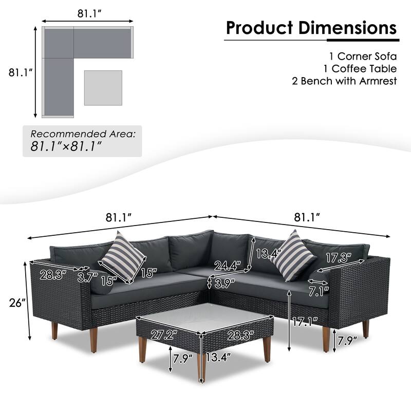 4-Pieces Outdoor Wicker L-Shaped Sectional Sofa Set with Coffee Table and Colorful Pillows