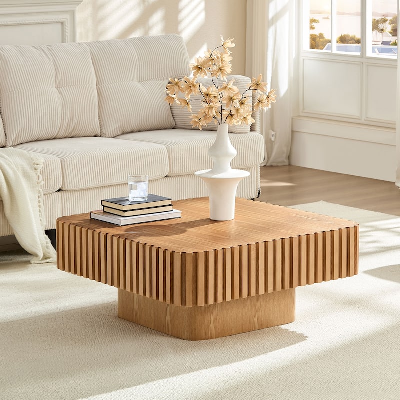 Fluted Design Accent Table Small Wood Coffee Table and Sturdy Pedestal