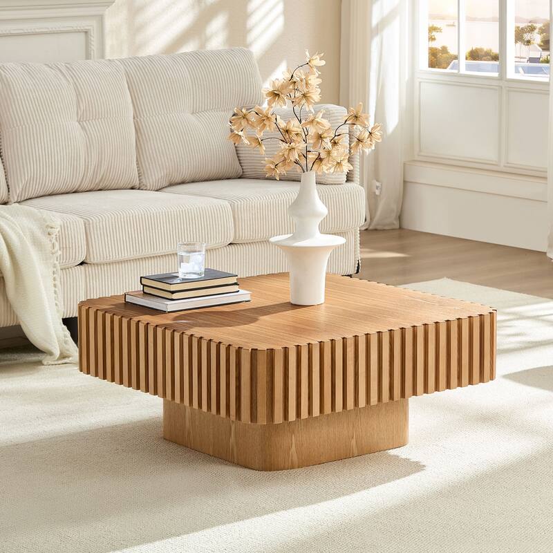 Modern Handcraft Square Coffee Table with Fluted Design - Natural
