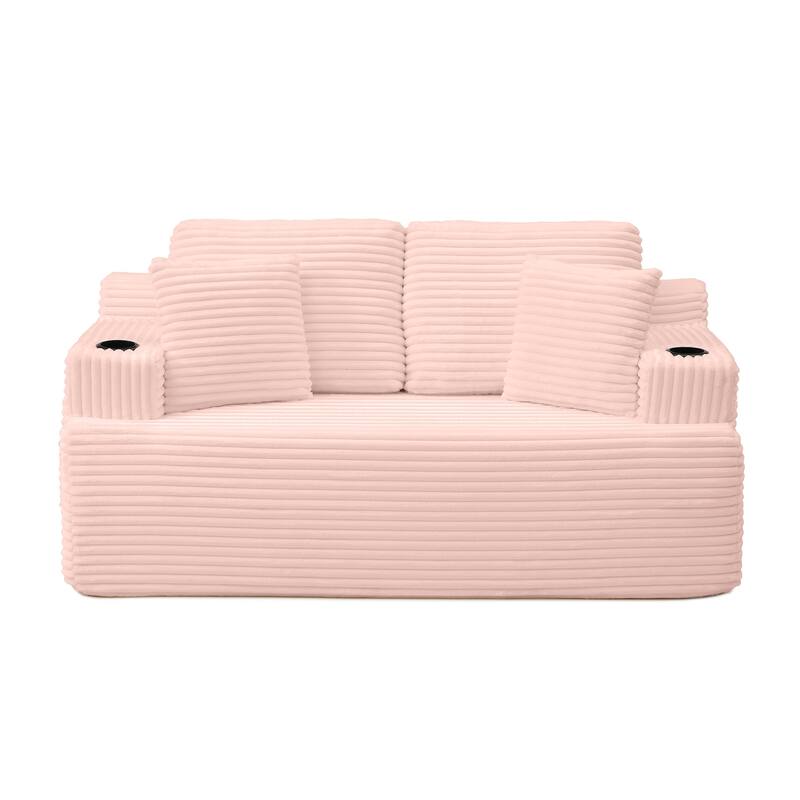 66.5'' Boneless Sofa Couch with 2 Pillows, 2 Seater Sofa Couch Upholstered Loveseat with Side Pocket, Pink