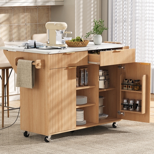 Marble Kitchen Island, Drop Leaf, Built-in Charging Station - Bed
