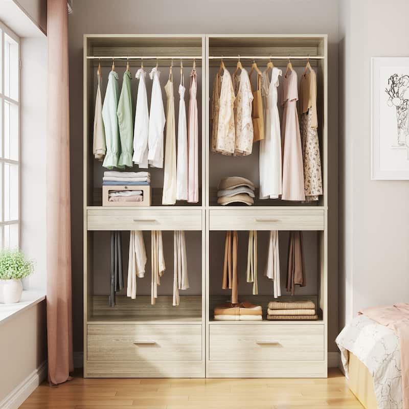 Qvella 23.6'' W Closet System with Hanging Rods and Wooden Drawers, Modular Walk-In Closet Organizer with Pants Rack - White Oak - Set of 2(47.2'' W)