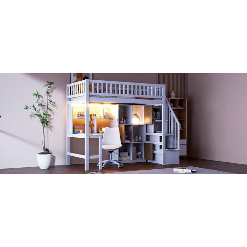 Roomfitters Twin Wood Loft Bed with Built-in Desk, Storage Cabinets and LED Light