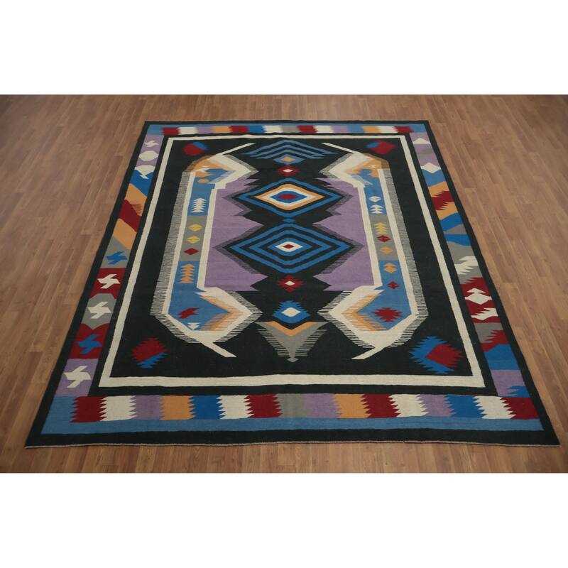 Hand Woven Oriental 100% Wool Carpet Southwestern Tribal Black Kilim Area Rug - 10' 2'' X 8' 6''
