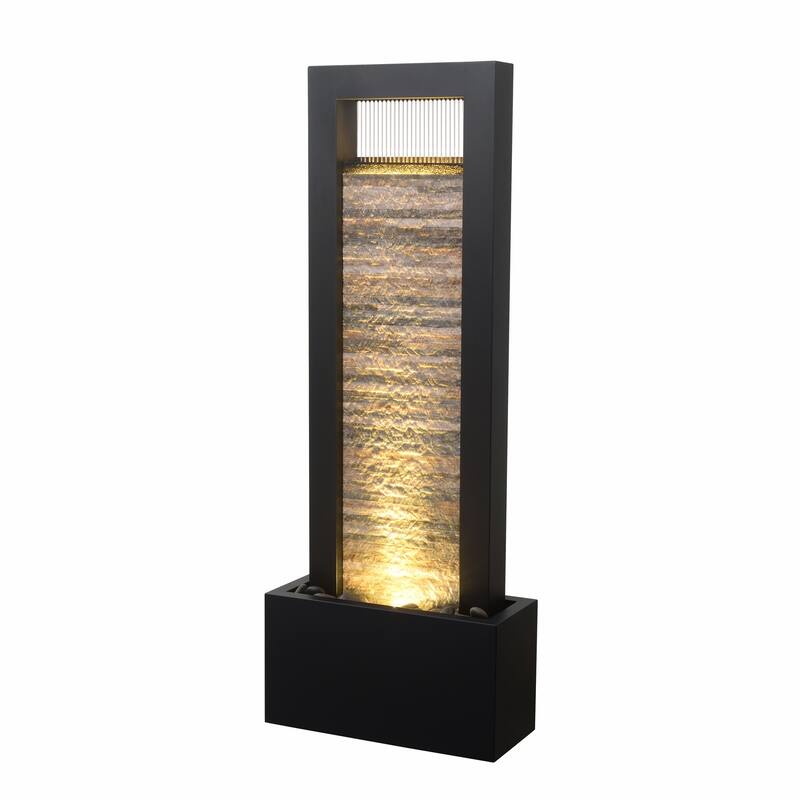 LED Lighted Zen Outdoor Garden Water Fountain with Stone Brick Accent - 48" - Black