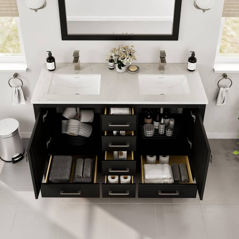 Eviva London 48"W x 18"D Espresso Double Sink Bathroom Vanity with White Carrara Quartz Vanity Top - 48"