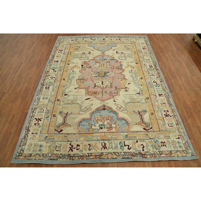 Vegetable Dye Wool Oushak Turkish Area Rug, Medallion Geometric Carpet - 11' 11'' X 9' 0''