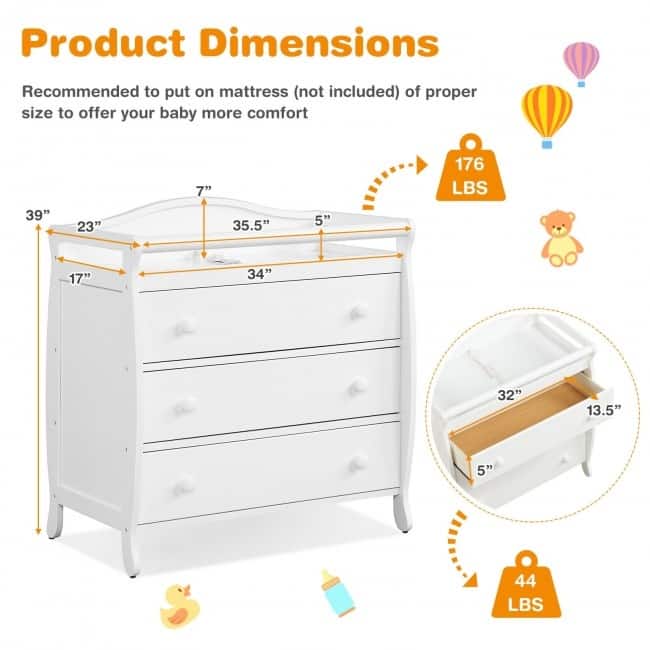 Baby Changing Table Infant Diaper with 3 Drawers and Safety Belt-Brown - 35.5" x 23" x 39" (L x W x H)