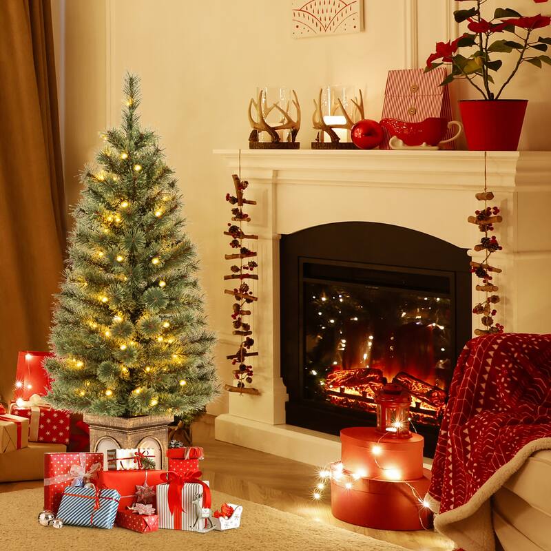Gymax 2 PCS 4 FT Pre-Lit Potted Christmas Tree Artificial Entrance