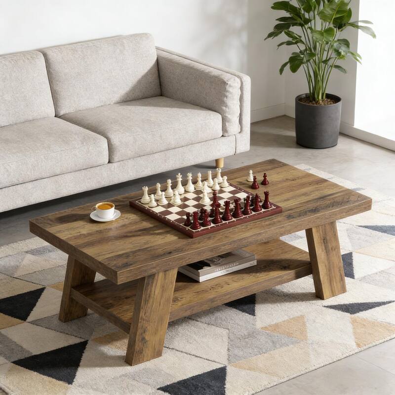 Rustic Tea Table, Spacious Coffee Table, 2-tier Center Table