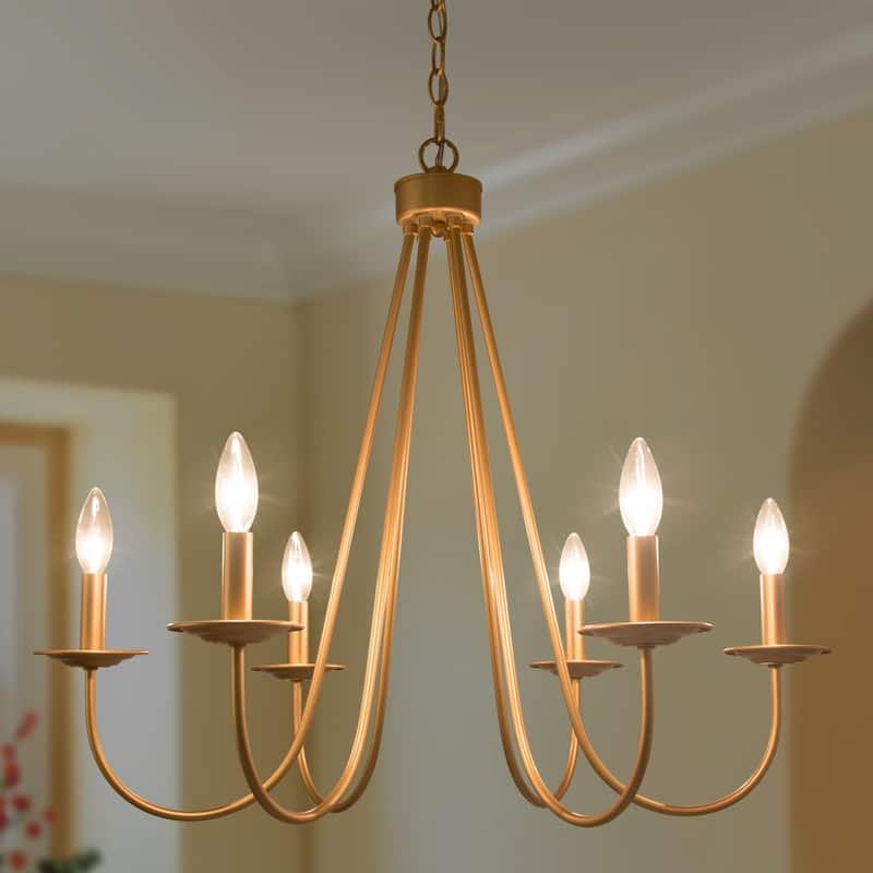 Rella Modern Farmhouse Chandelier 6-light Classic Candle Metal Dining Room Pendant - Light Gold - D28" x H24"
