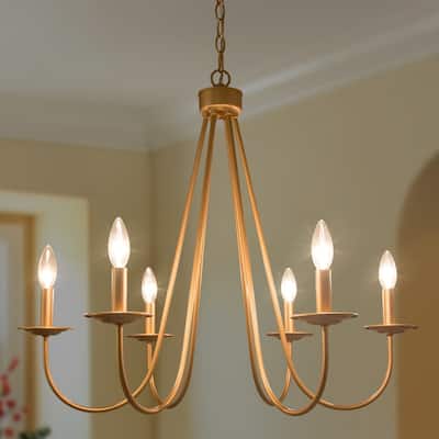 Rella Modern Farmhouse Chandelier 6-light Classic Candle Metal Dining Room Pendant - Light Gold - D28" x H24"