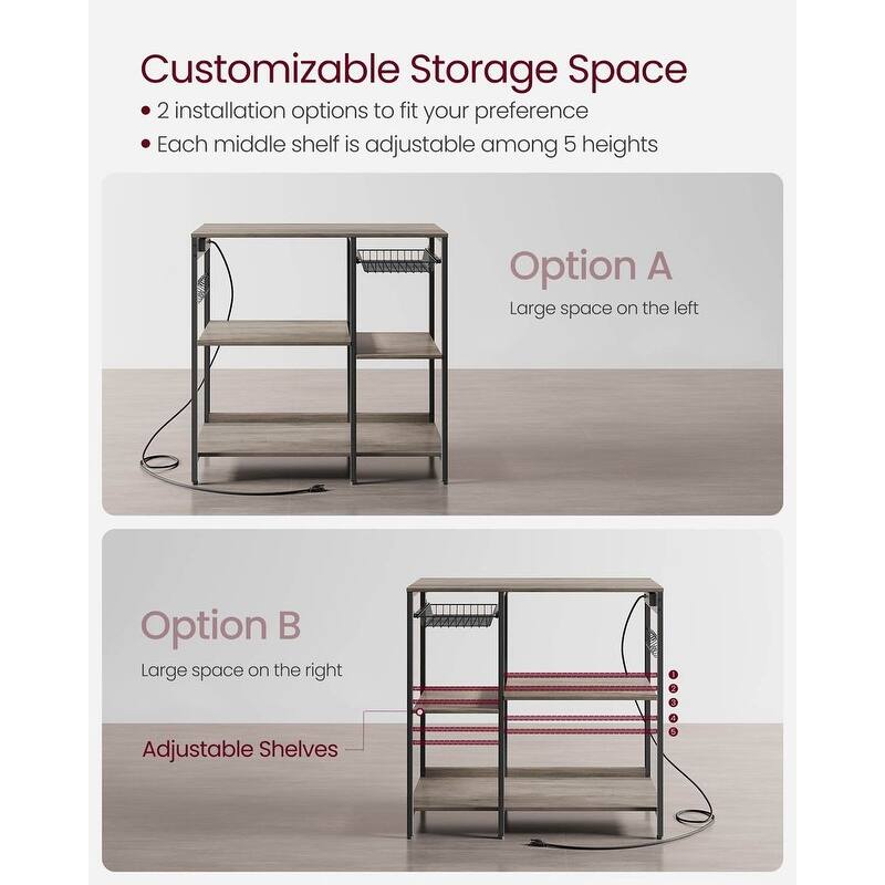 Steel Bakers Rack with Outlet Shelves and Basket with Charging Station - 15.7”D x 35.4”W x 35.6”H