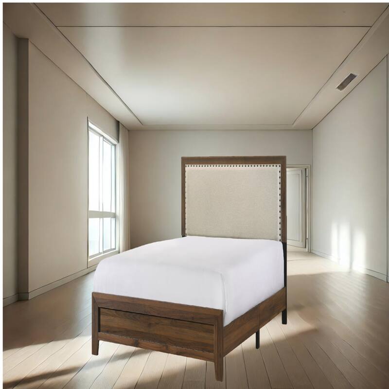 Elegant Brown Cherry Upholstered Headboard Bed with Crystal Inlay and Sturdy Wood Frame, Queen, King, Full, Twin Sizes - Brown - Twin