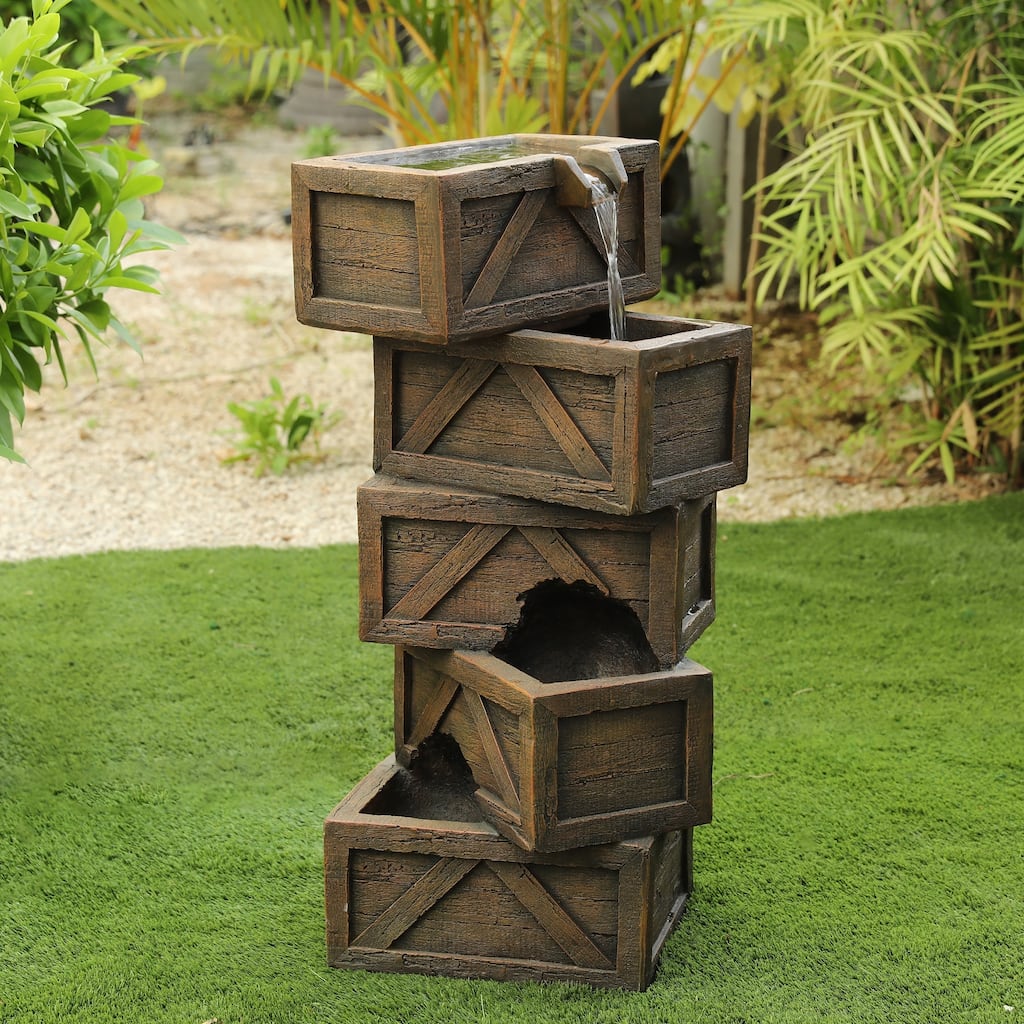 Brown Cement Stacked Crates Outdoor Fountain