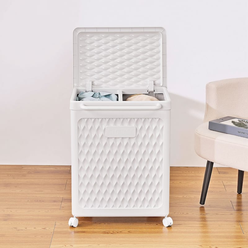 Javlergo White Rolling Laundry Hamper with Lid & Brakes 100L Dual Compartment Plastic Storage Cart with Wheels for Bathroom