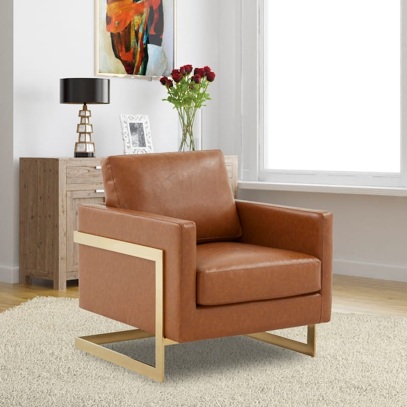 Lincoln Leather Accent Chair With Gold Frame Modern Single Seater Sofa for Living Room and Bedroom - 34"