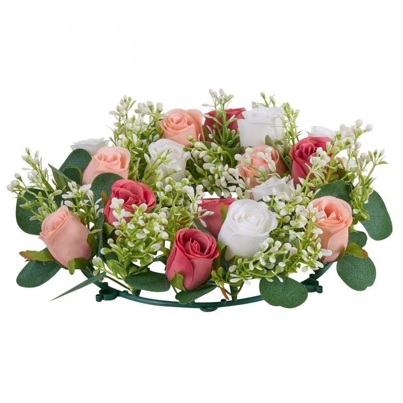 Pink White Silk Rose Wreath Centerpieces Set of 10 with Base - 13.4 x 13.4 x 3.5 inch