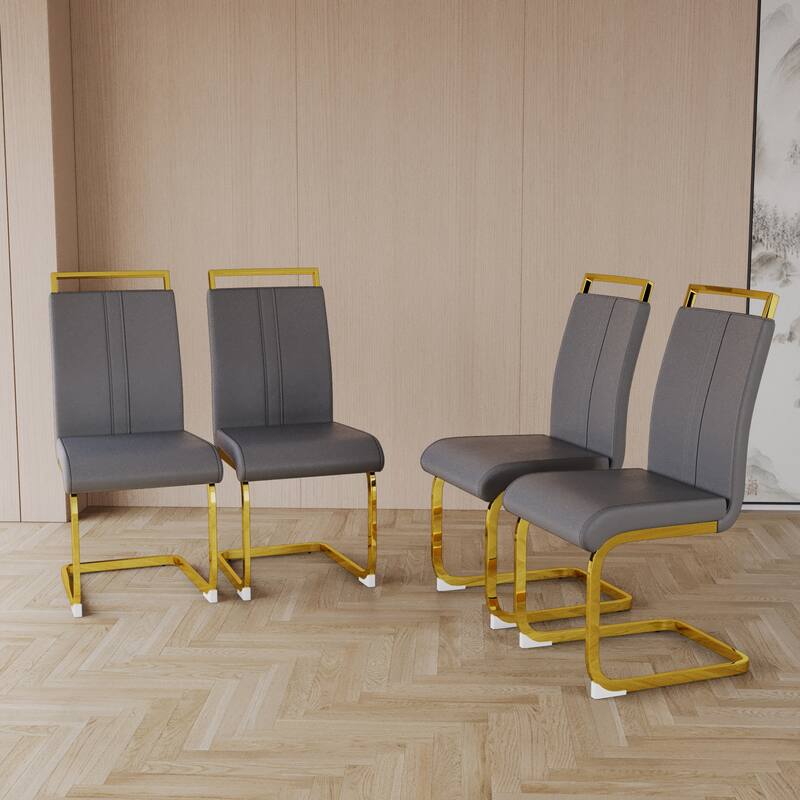 Modern Style Faux Leather High Back Dining Chairs Set of 4 with Golden Metal Legs for Dining Room