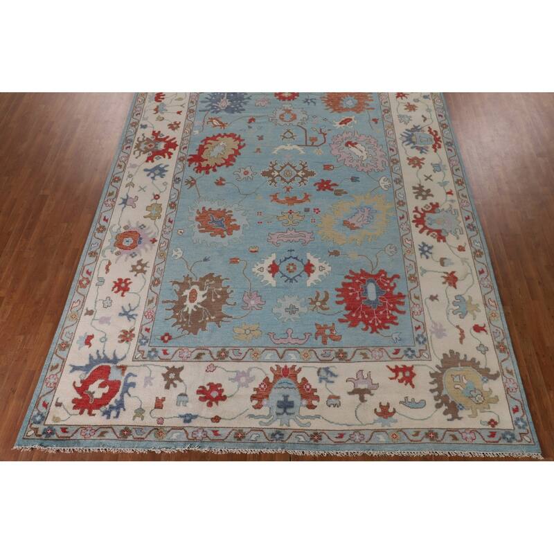 Light Blue Floral Oushak Oriental Large Rug Hand-Knotted Wool Carpet - 10'1" x 13'9"