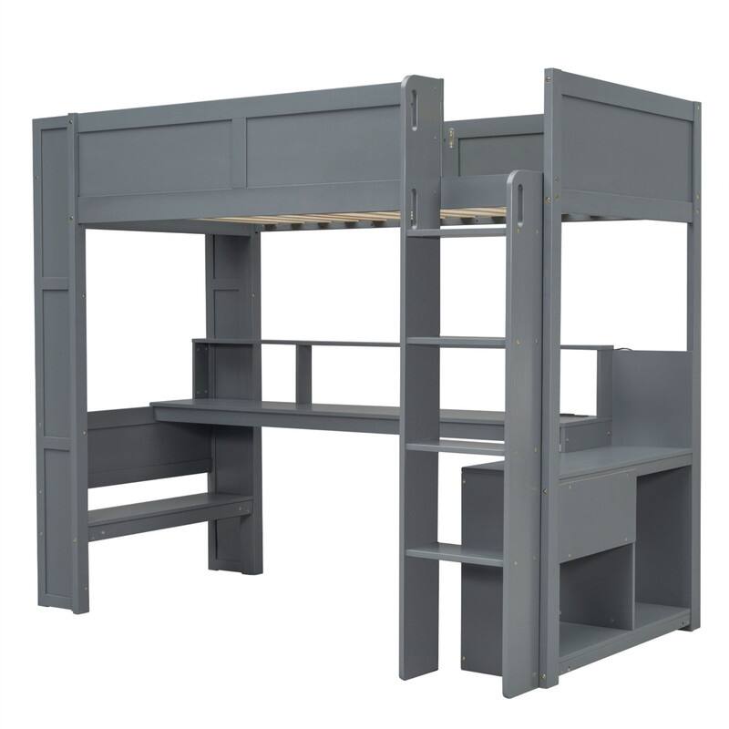 Wood Twin/Full Size Gaming Loft Bed with Bulit-in Desk and Multi-storage Shelves, Kids Loft Bedframe with LED & Charging Station