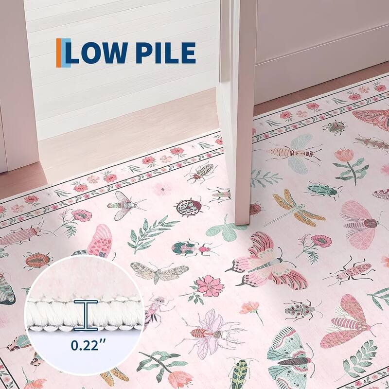 Floral Insect Print Washable Area Rugs for Living Room, Modern Non Slip Low Pile Area Rug