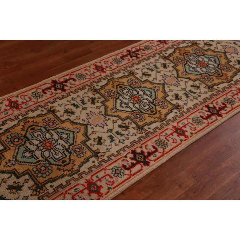 Hand Knotted Oriental 100% Wool Carpet Traditional Geometric Beige & Ivories Heriz (serapi) Runner Rug - 8' 1'' X 2' 7''