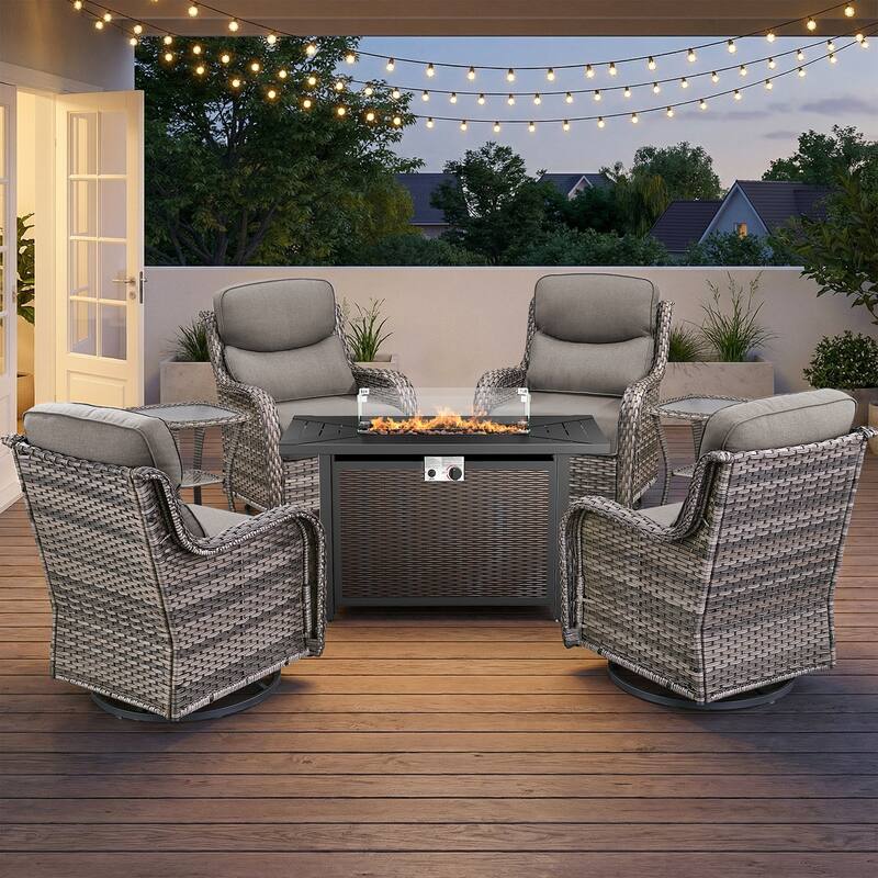 Pocassy 43" Fire Pit Table with Outdoor Swivel Chair Set - Gray Wicker Gray Cushion - 7-Piece Swivel Chair Table w/ Fie Pit Table