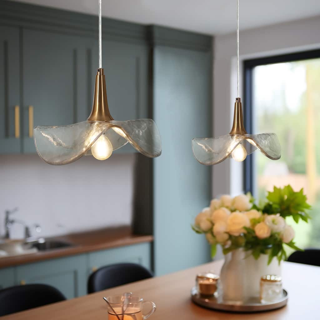 Modern Gold 1-Light Pendant Light with Textured Glass for Kitchen Island Bedroom - D11" x H67.9" Max