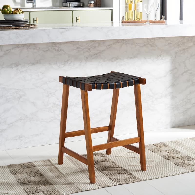 SAFAVIEH Didy 27-inch Woven Leather Rectangle Counter Stool - 19" W x 19" D x 27" H - 19Wx19Dx27H - Black /Natural
