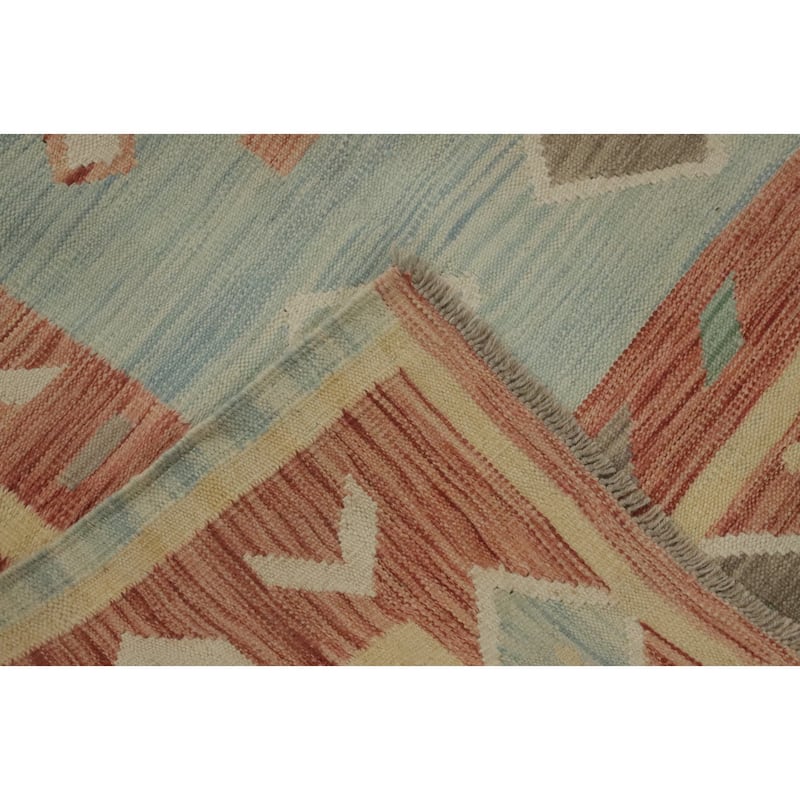 Hand Woven Southwestern Wool Blue Geometric Area Rug - 8' 2'' X 4' 9''