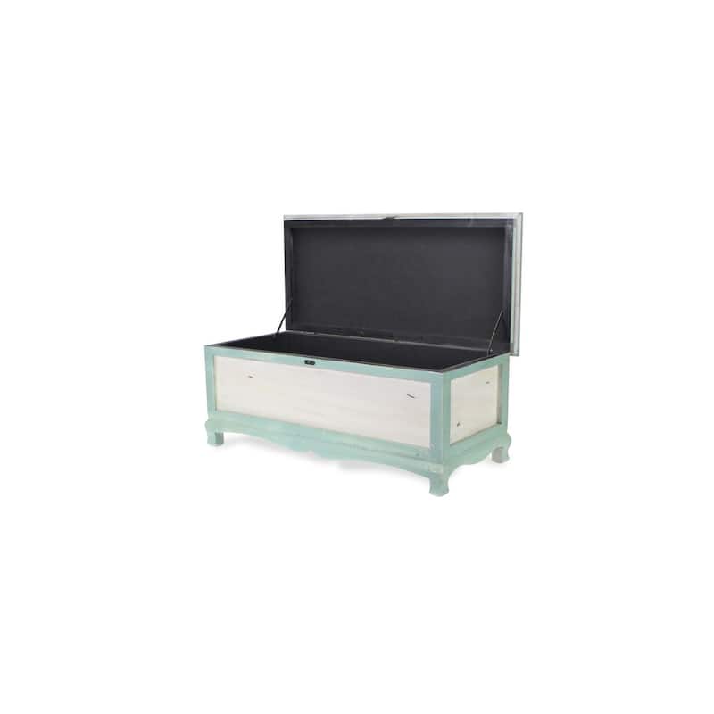 36" Teal Green and White Distressed Bench Chest with Seat Cushion